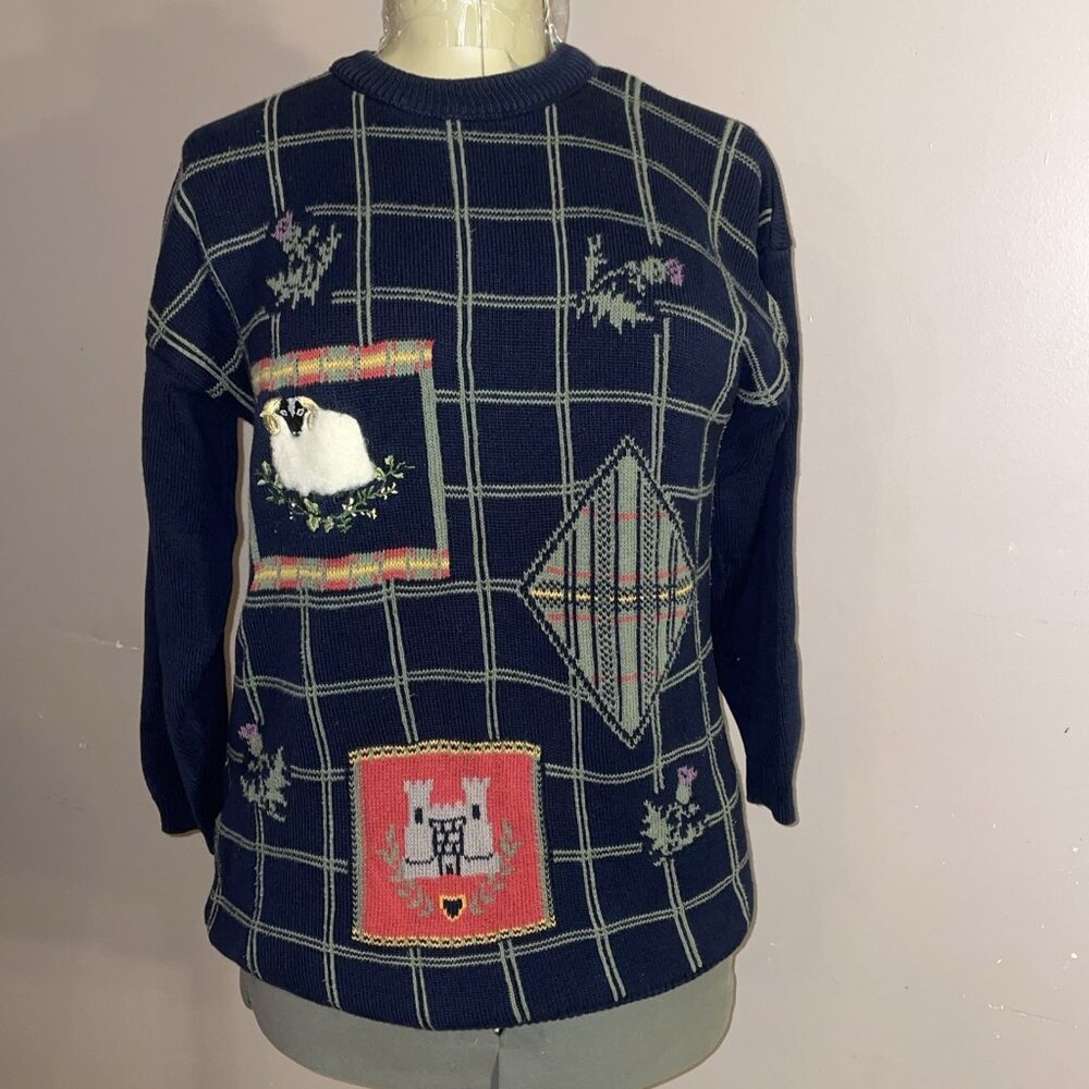 Acorn Great Britian Scotland Vintage Navy Blue Sweater Sheep Castle Fissel Sz L